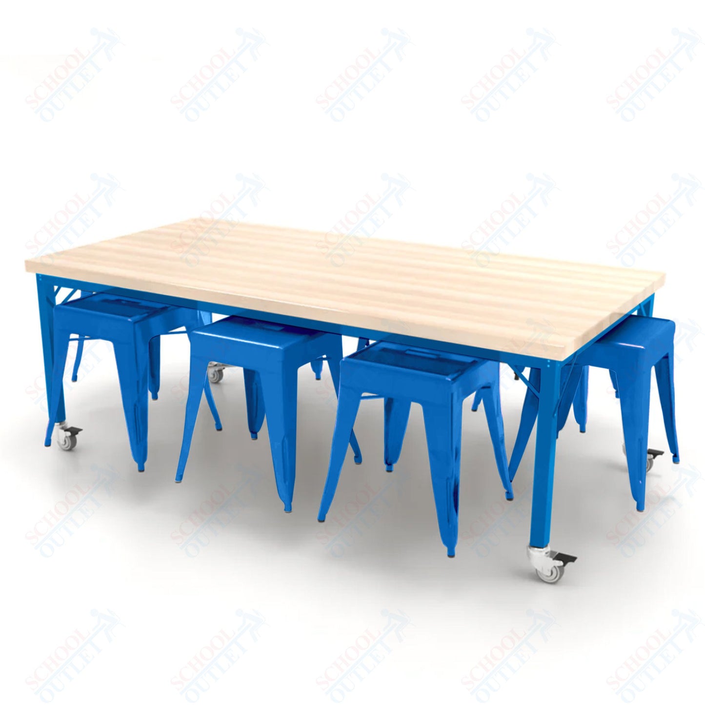 CEF Brainstorm Workbench 26"H with Butcher Block Top and Steel Frame, 8 Magnetic Metal Stools Included, for Kindergarten - 2nd Grade - SchoolOutlet