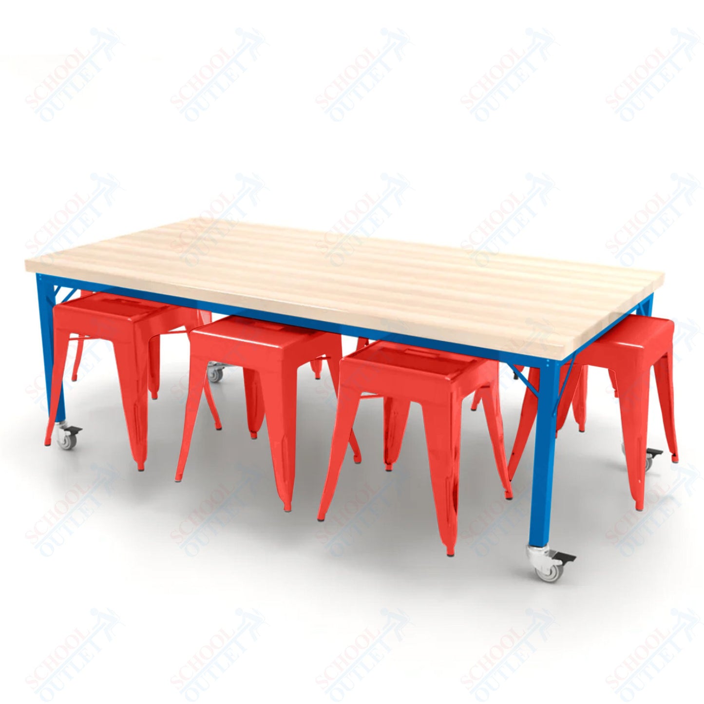 CEF Brainstorm Workbench 26"H with Butcher Block Top and Steel Frame, 8 Magnetic Metal Stools Included, for Kindergarten - 2nd Grade - SchoolOutlet
