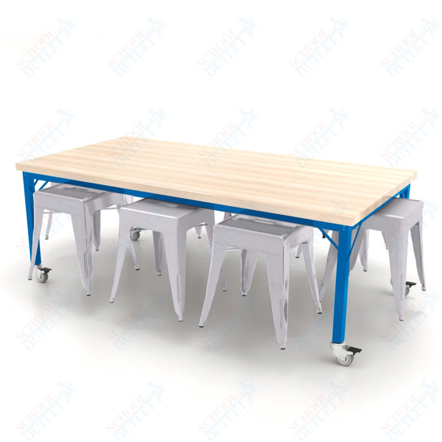CEF Brainstorm Workbench 26"H with Butcher Block Top and Steel Frame, 8 Magnetic Metal Stools Included, for Kindergarten - 2nd Grade - SchoolOutlet