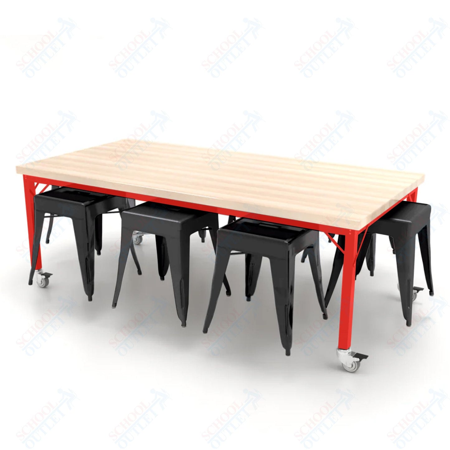 CEF Brainstorm Workbench 26"H with Butcher Block Top and Steel Frame, 8 Magnetic Metal Stools Included, for Kindergarten - 2nd Grade - SchoolOutlet