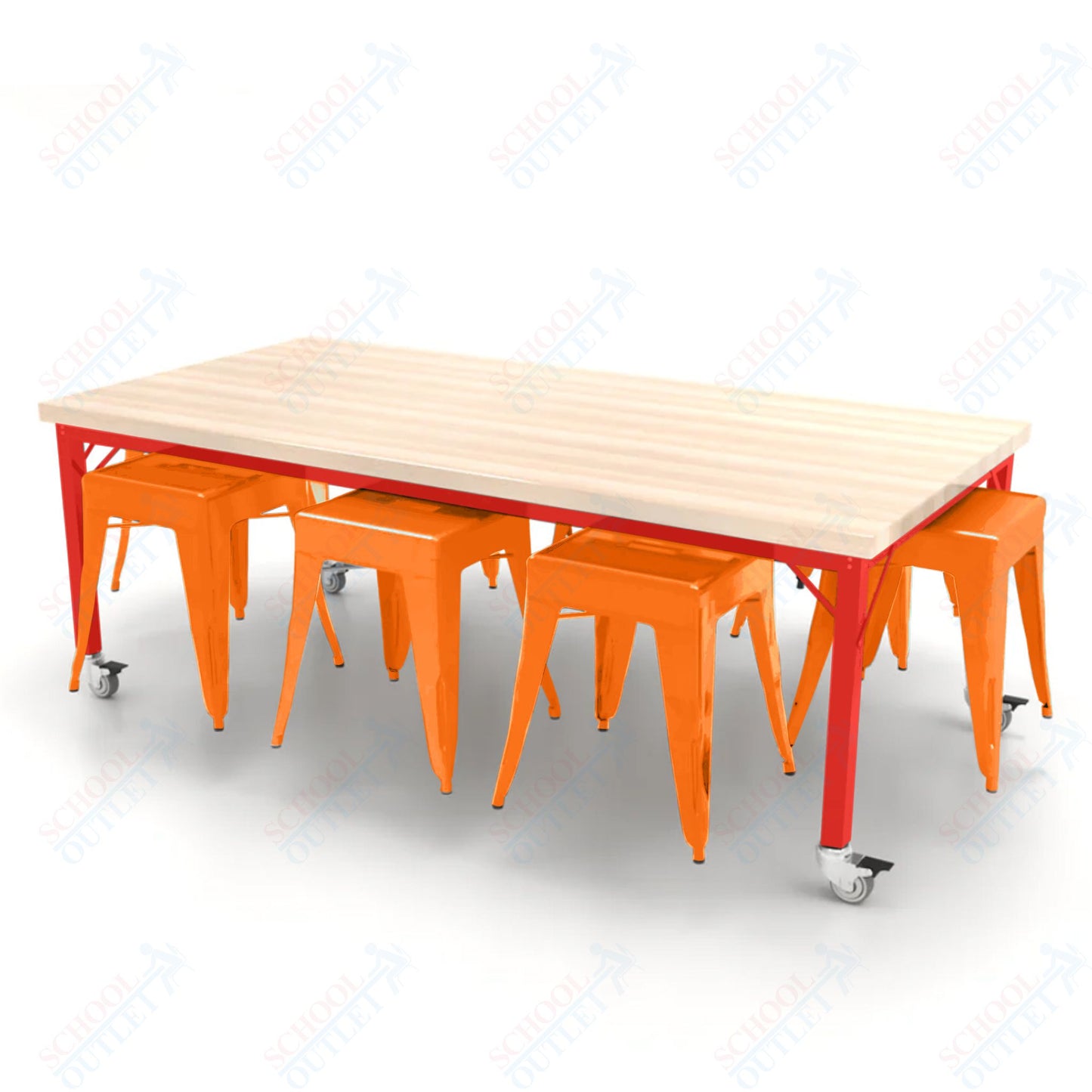 CEF Brainstorm Workbench 26"H with Butcher Block Top and Steel Frame, 8 Magnetic Metal Stools Included, for Kindergarten - 2nd Grade - SchoolOutlet