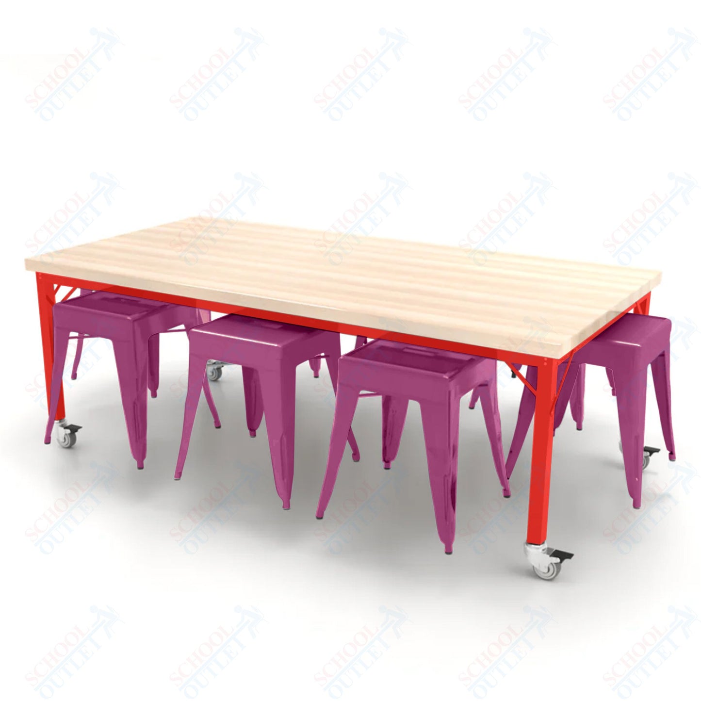 CEF Brainstorm Workbench 26"H with Butcher Block Top and Steel Frame, 8 Magnetic Metal Stools Included, for Kindergarten - 2nd Grade - SchoolOutlet