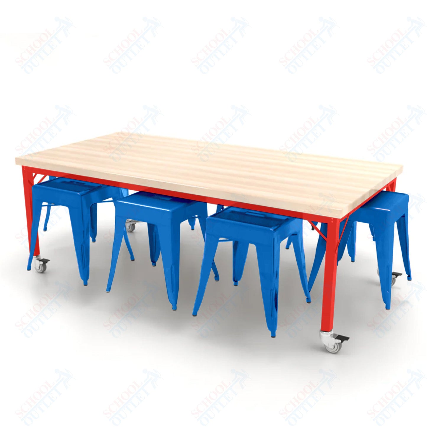 CEF Brainstorm Workbench 26"H with Butcher Block Top and Steel Frame, 8 Magnetic Metal Stools Included, for Kindergarten - 2nd Grade - SchoolOutlet