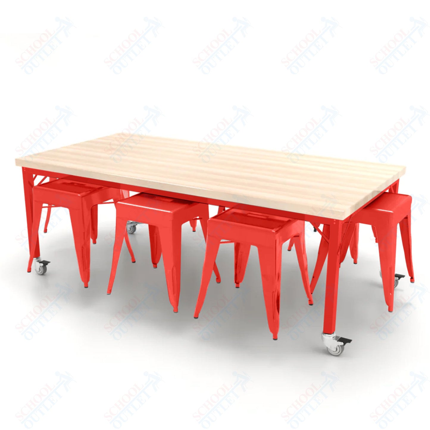 CEF Brainstorm Workbench 26"H with Butcher Block Top and Steel Frame, 8 Magnetic Metal Stools Included, for Kindergarten - 2nd Grade - SchoolOutlet