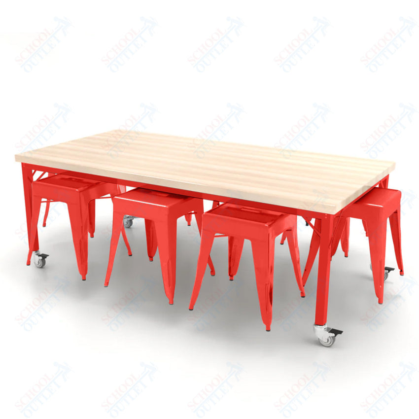 CEF Brainstorm Workbench 26"H with Butcher Block Top and Steel Frame, 8 Magnetic Metal Stools Included, for Kindergarten - 2nd Grade - SchoolOutlet