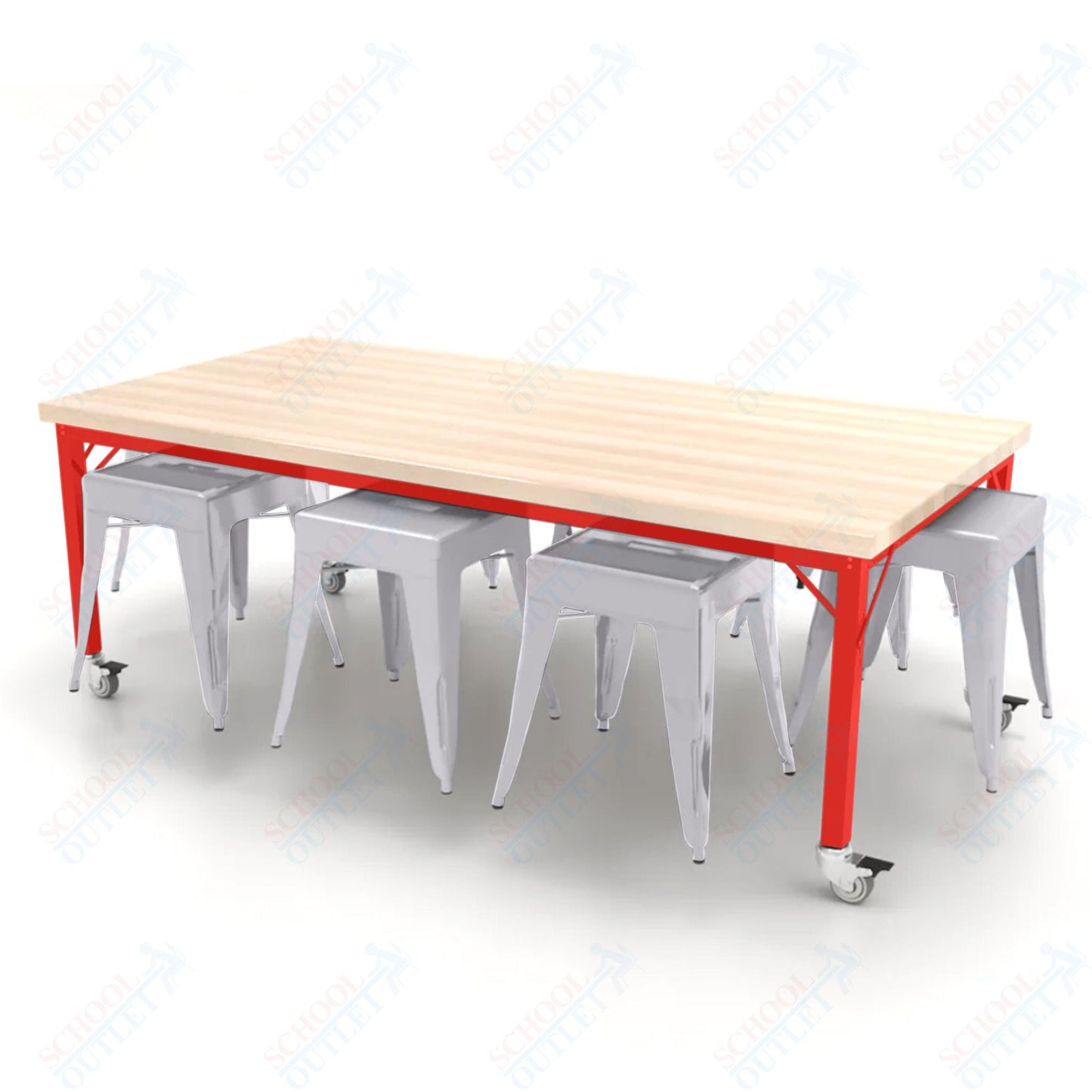 CEF Brainstorm Workbench 26"H with Butcher Block Top and Steel Frame, 8 Magnetic Metal Stools Included, for Kindergarten - 2nd Grade - SchoolOutlet