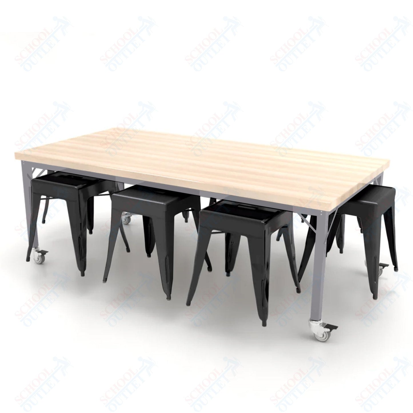 CEF Brainstorm Workbench 26"H with Butcher Block Top and Steel Frame, 8 Magnetic Metal Stools Included, for Kindergarten - 2nd Grade - SchoolOutlet