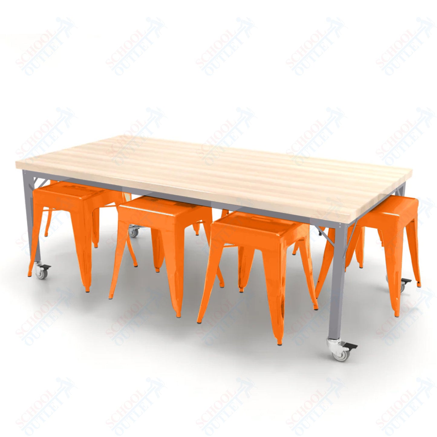 CEF Brainstorm Workbench 26"H with Butcher Block Top and Steel Frame, 8 Magnetic Metal Stools Included, for Kindergarten - 2nd Grade - SchoolOutlet