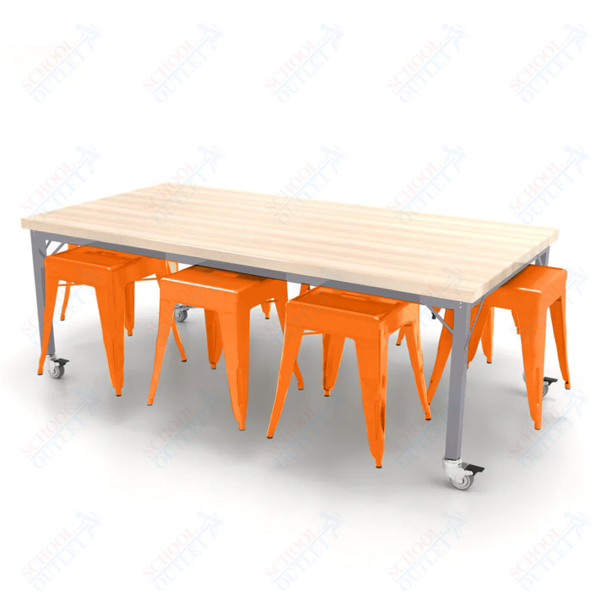 CEF Brainstorm Workbench 26"H with Butcher Block Top and Steel Frame, 8 Magnetic Metal Stools Included, for Kindergarten - 2nd Grade - SchoolOutlet
