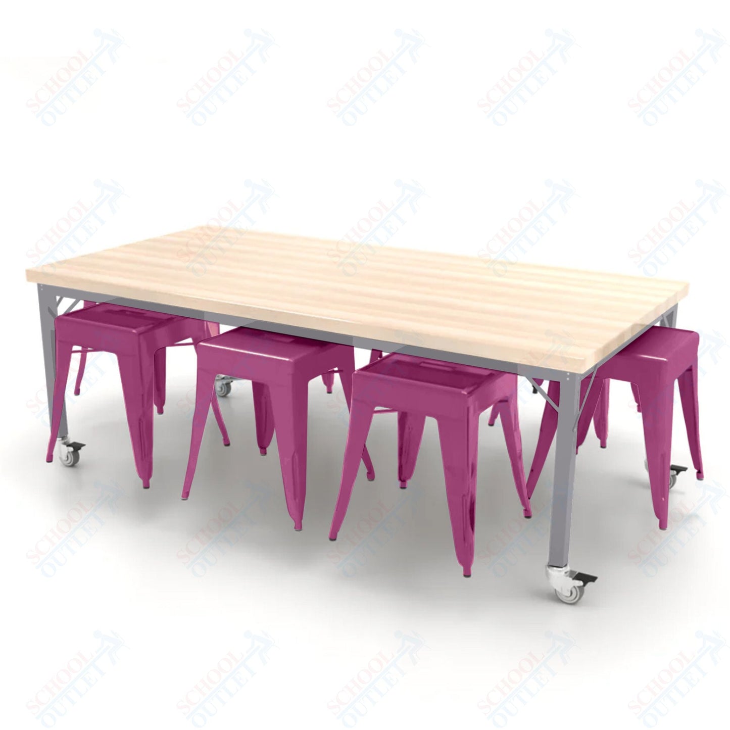 CEF Brainstorm Workbench 26"H with Butcher Block Top and Steel Frame, 8 Magnetic Metal Stools Included, for Kindergarten - 2nd Grade - SchoolOutlet