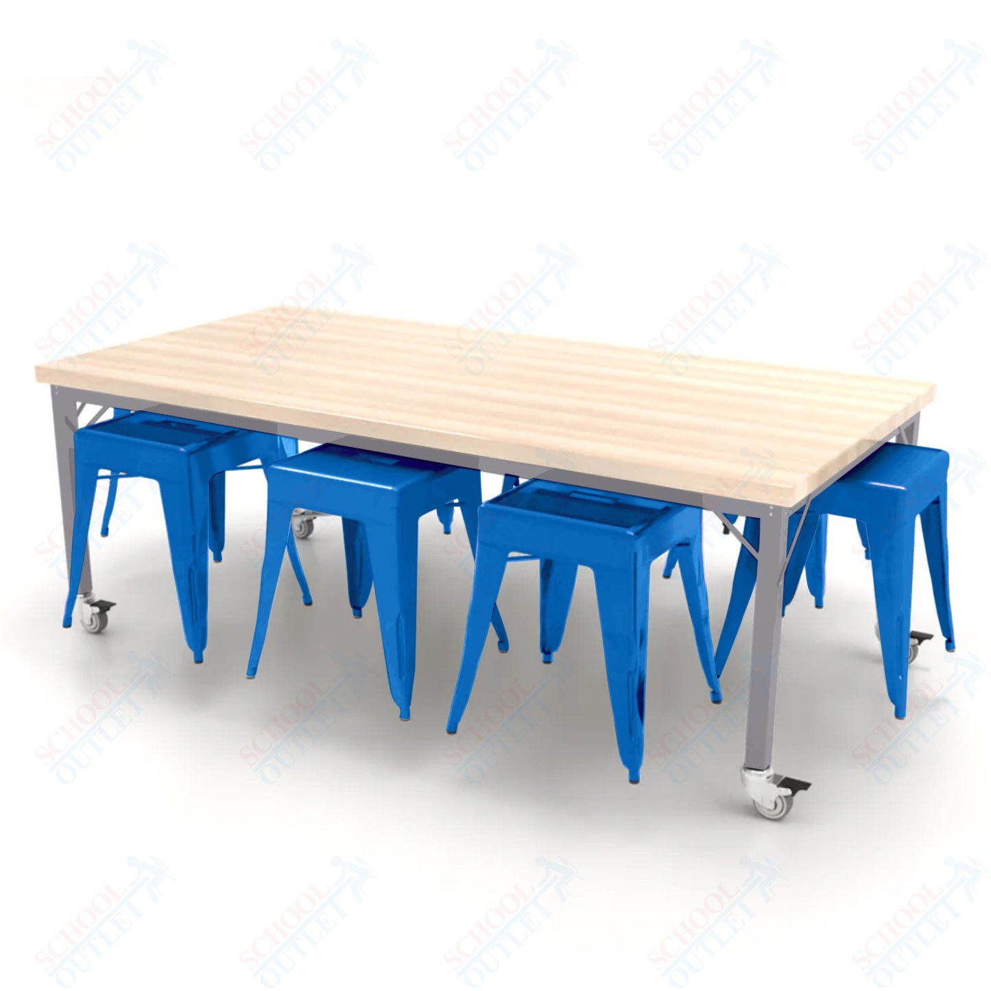 CEF Brainstorm Workbench 26"H with Butcher Block Top and Steel Frame, 8 Magnetic Metal Stools Included, for Kindergarten - 2nd Grade - SchoolOutlet
