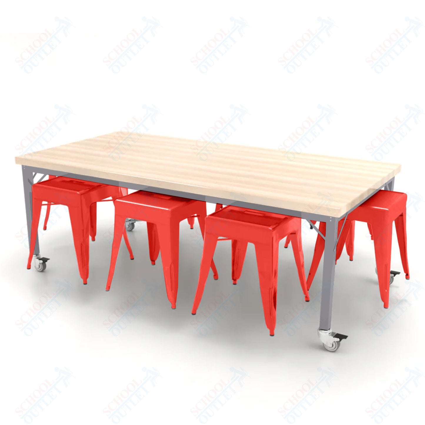 CEF Brainstorm Workbench 26"H with Butcher Block Top and Steel Frame, 8 Magnetic Metal Stools Included, for Kindergarten - 2nd Grade - SchoolOutlet