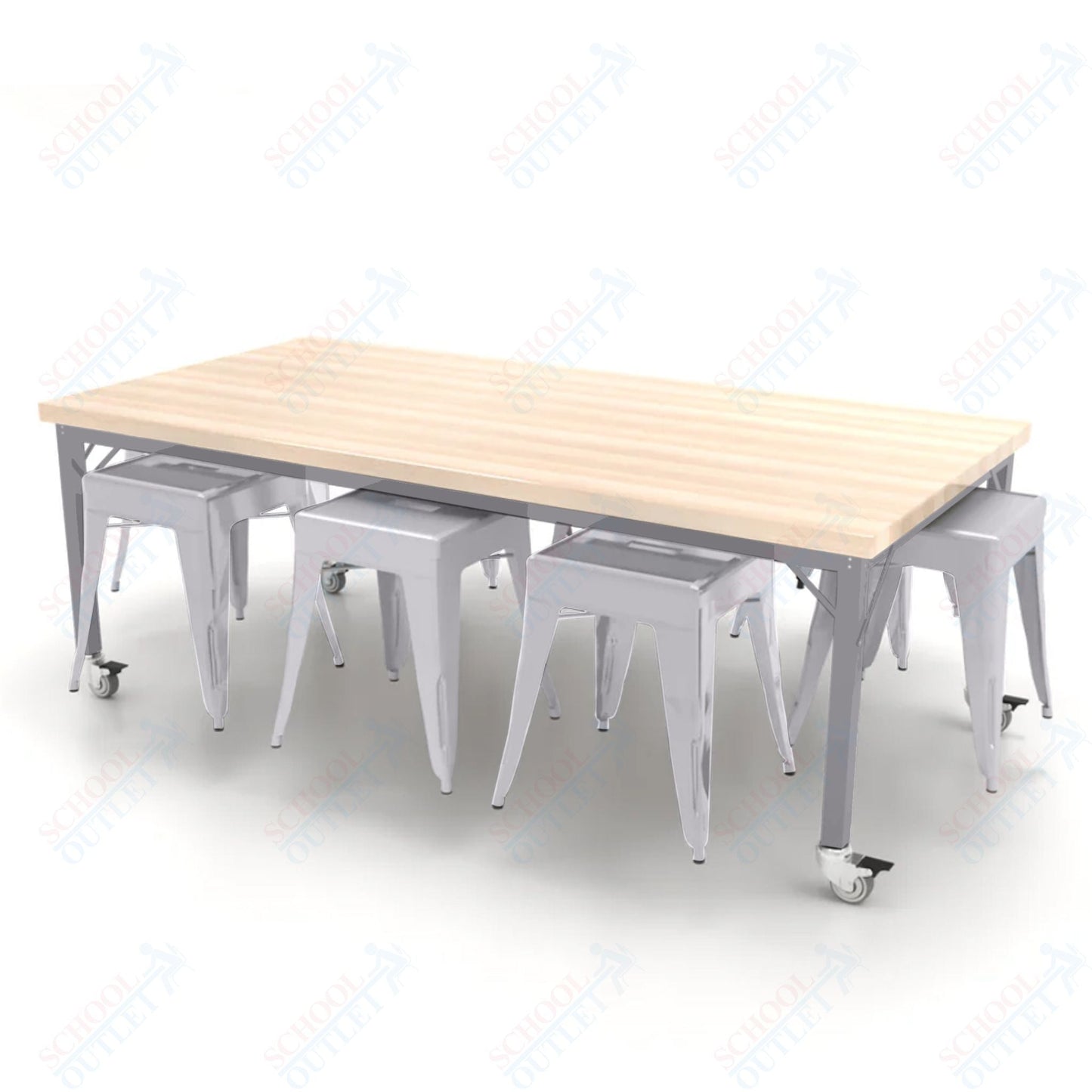 CEF Brainstorm Workbench 26"H with Butcher Block Top and Steel Frame, 8 Magnetic Metal Stools Included, for Kindergarten - 2nd Grade - SchoolOutlet