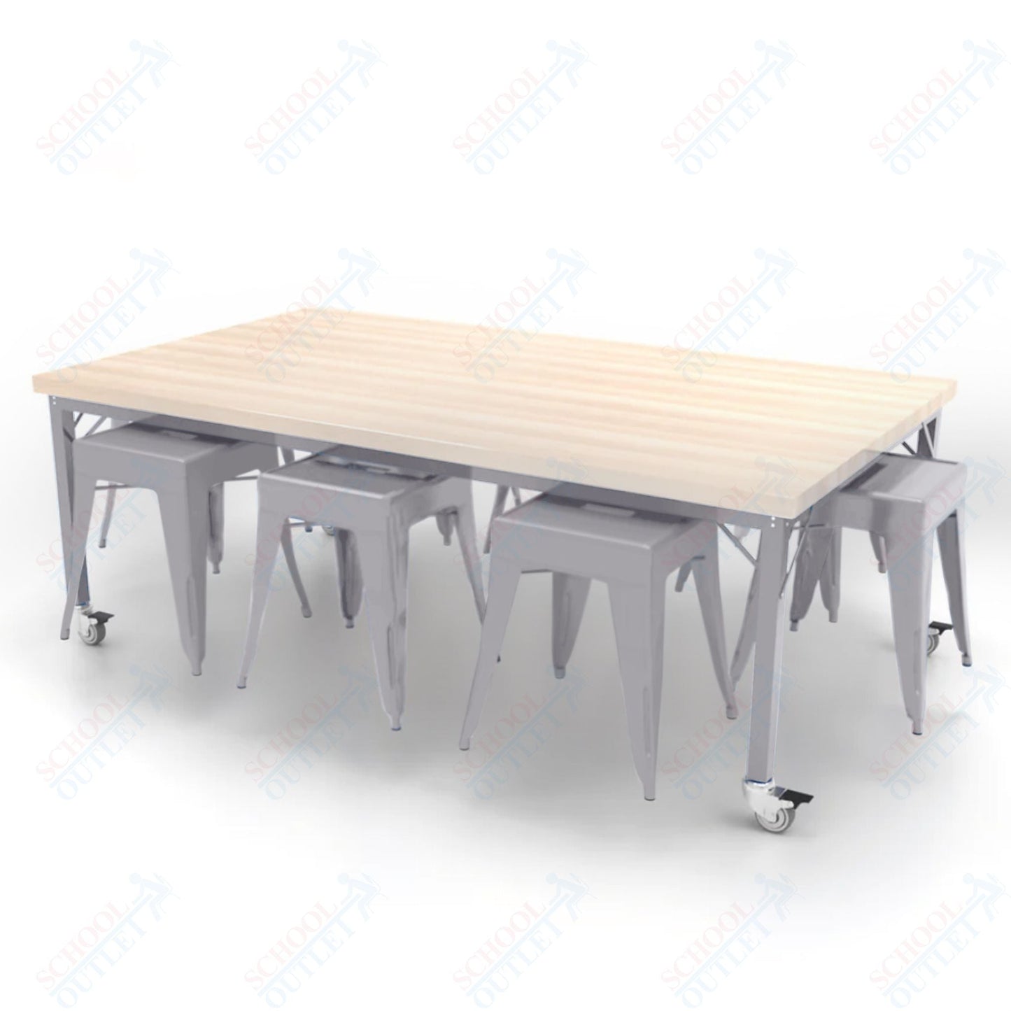 CEF Brainstorm Workbench 26"H with Butcher Block Top and Steel Frame, 8 Magnetic Metal Stools Included, for Kindergarten - 2nd Grade - SchoolOutlet