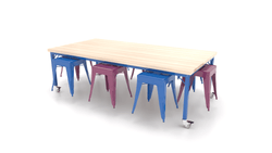 CEF Brainstorm Workbench 26"H with Butcher Block Top and Steel Frame, 8 Magnetic Metal Stools Included, for Kindergarten - 2nd Grade