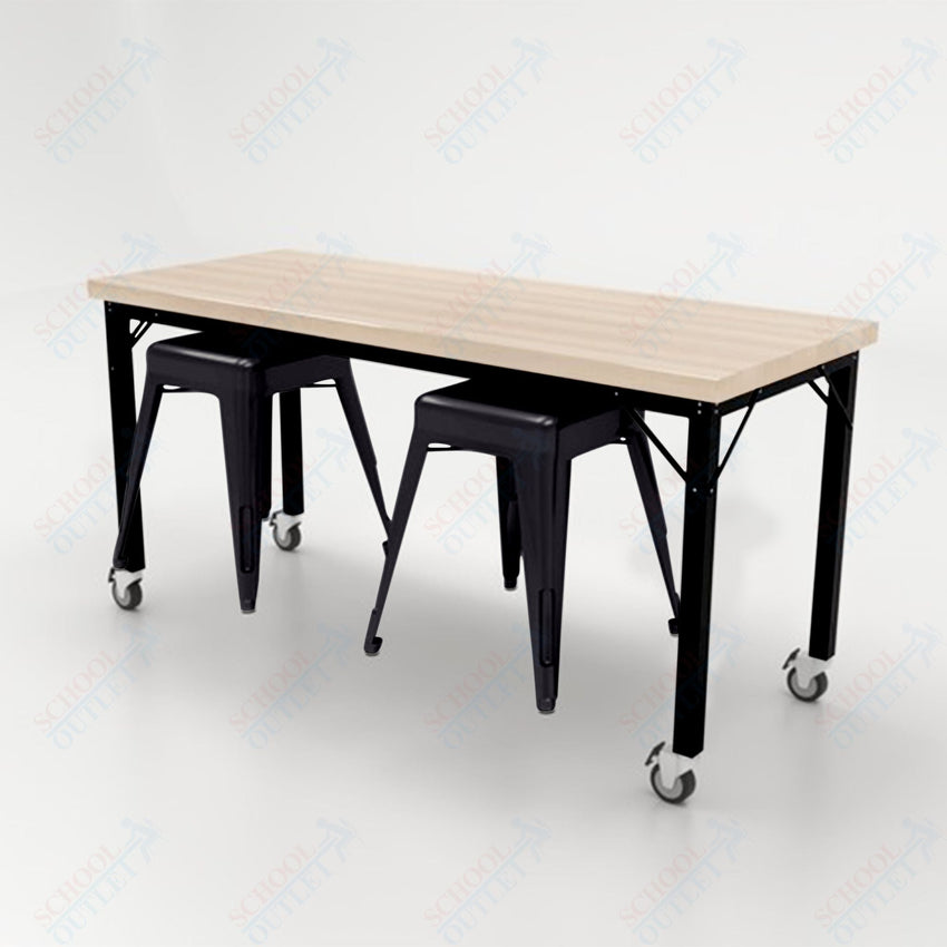 CEF Brainstorm Workbench 30"H with Butcher Block Top and Steel Frame, 2 Magnetic Metal Stools Included, for 3rd Grade and Up - SchoolOutlet