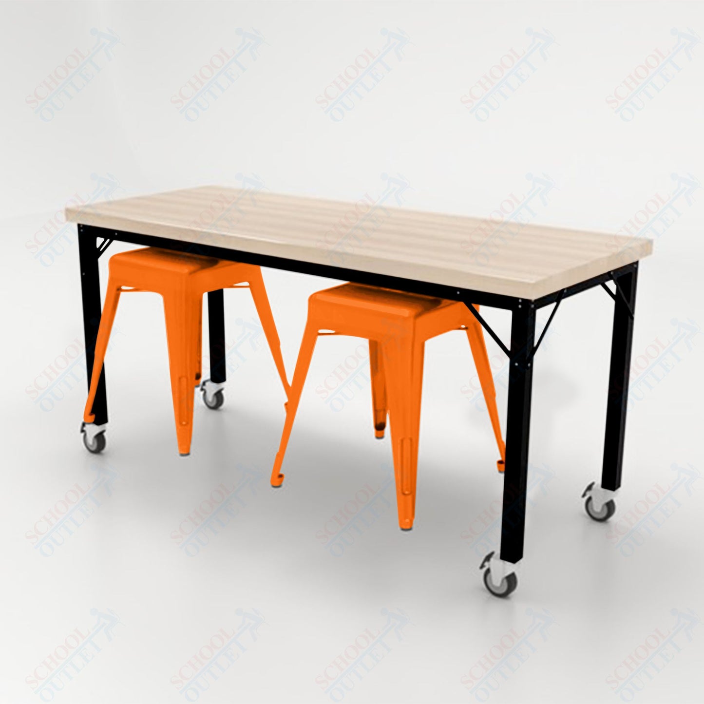 CEF Brainstorm Workbench 30"H with Butcher Block Top and Steel Frame, 2 Magnetic Metal Stools Included, for 3rd Grade and Up - SchoolOutlet