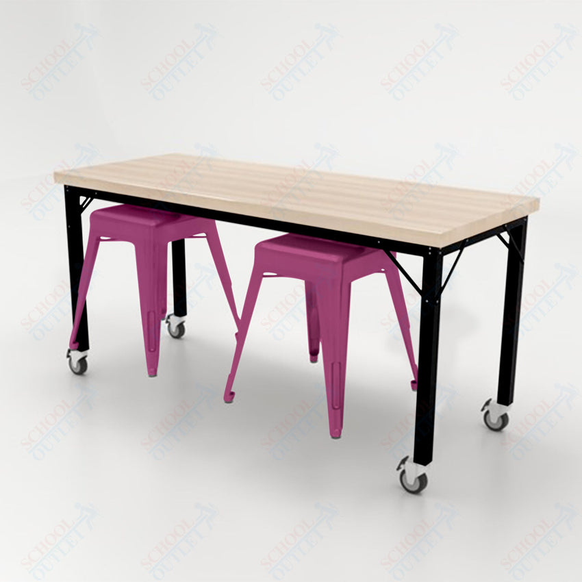 CEF Brainstorm Workbench 30"H with Butcher Block Top and Steel Frame, 2 Magnetic Metal Stools Included, for 3rd Grade and Up - SchoolOutlet