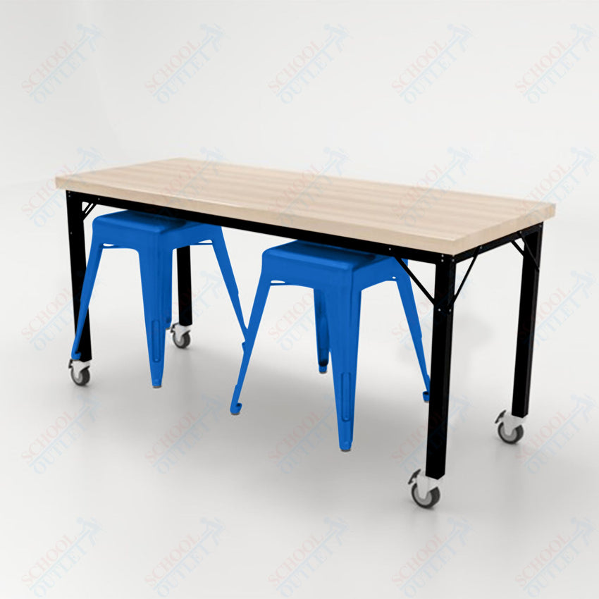 CEF Brainstorm Workbench 30"H with Butcher Block Top and Steel Frame, 2 Magnetic Metal Stools Included, for 3rd Grade and Up - SchoolOutlet