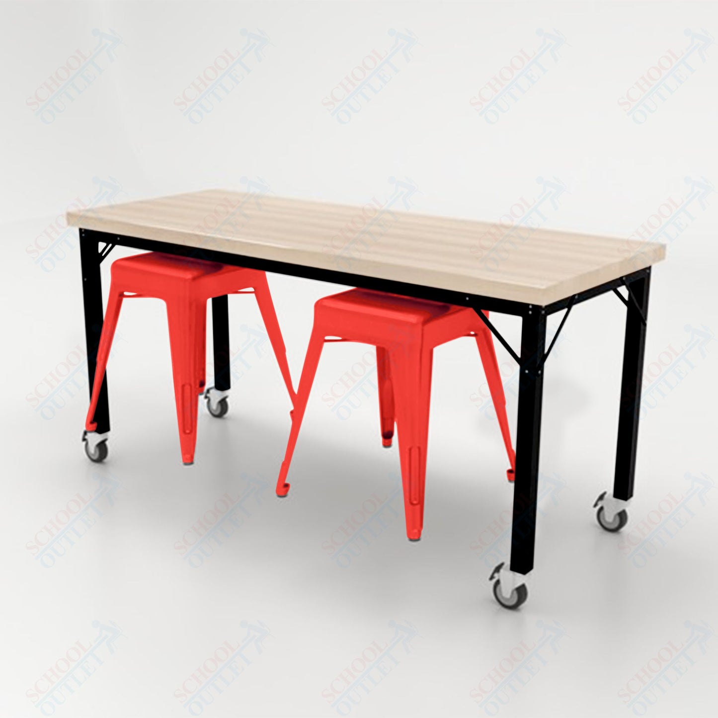 CEF Brainstorm Workbench 30"H with Butcher Block Top and Steel Frame, 2 Magnetic Metal Stools Included, for 3rd Grade and Up - SchoolOutlet