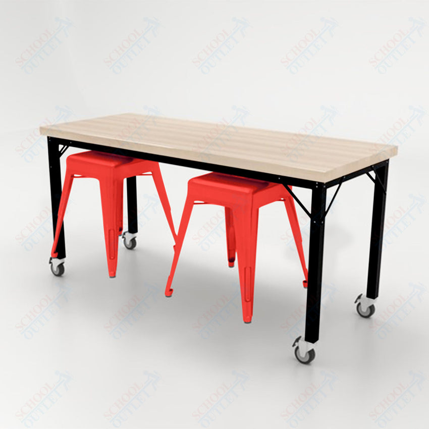 CEF Brainstorm Workbench 30"H with Butcher Block Top and Steel Frame, 2 Magnetic Metal Stools Included, for 3rd Grade and Up - SchoolOutlet