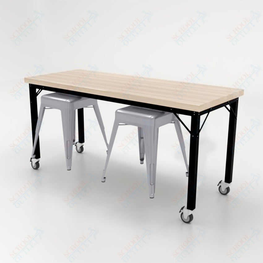 CEF Brainstorm Workbench 30"H with Butcher Block Top and Steel Frame, 2 Magnetic Metal Stools Included, for 3rd Grade and Up - SchoolOutlet