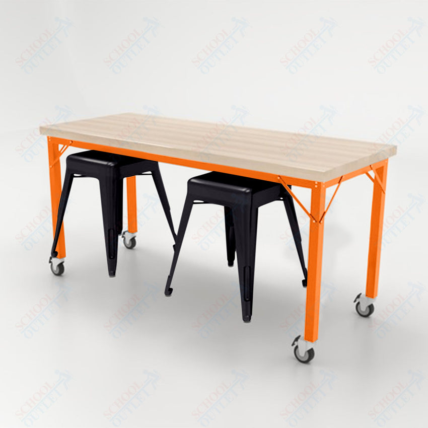 CEF Brainstorm Workbench 30"H with Butcher Block Top and Steel Frame, 2 Magnetic Metal Stools Included, for 3rd Grade and Up - SchoolOutlet