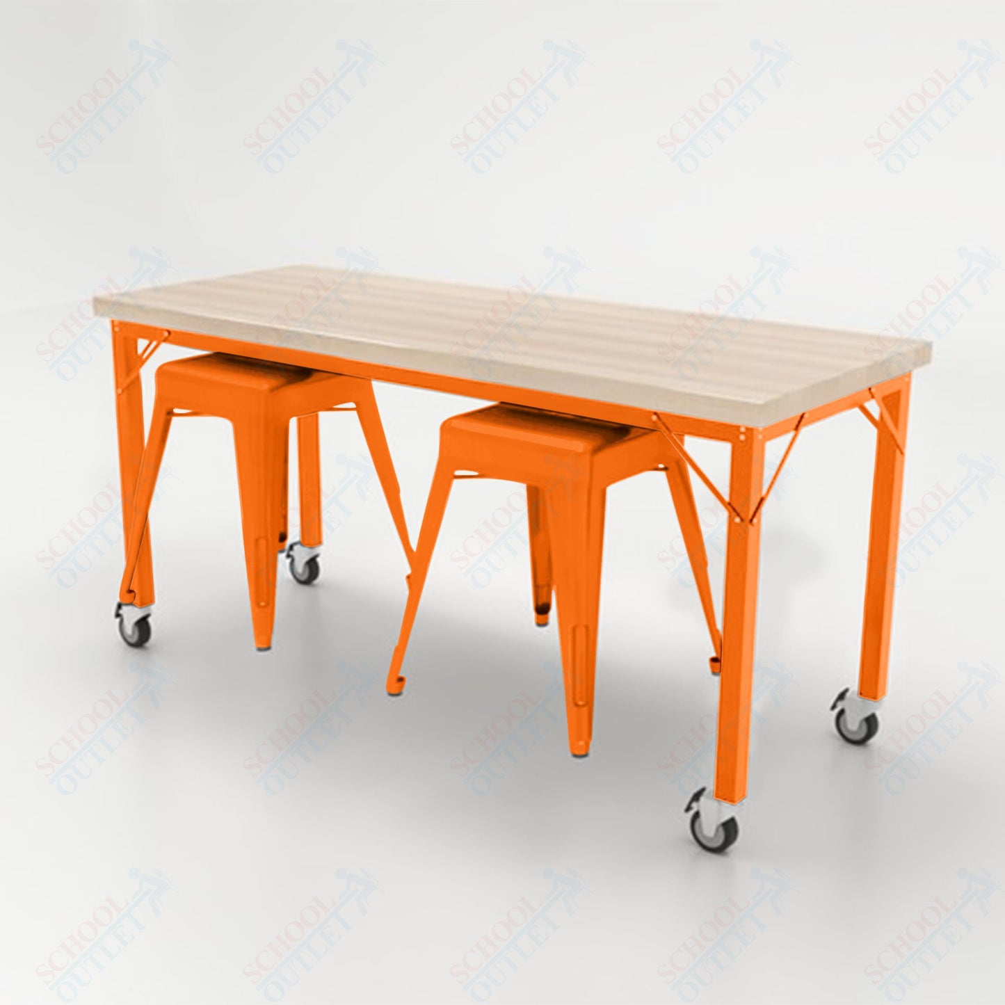 CEF Brainstorm Workbench 30"H with Butcher Block Top and Steel Frame, 2 Magnetic Metal Stools Included, for 3rd Grade and Up - SchoolOutlet