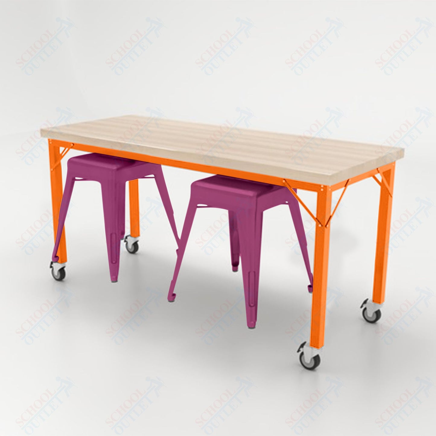 CEF Brainstorm Workbench 30"H with Butcher Block Top and Steel Frame, 2 Magnetic Metal Stools Included, for 3rd Grade and Up - SchoolOutlet