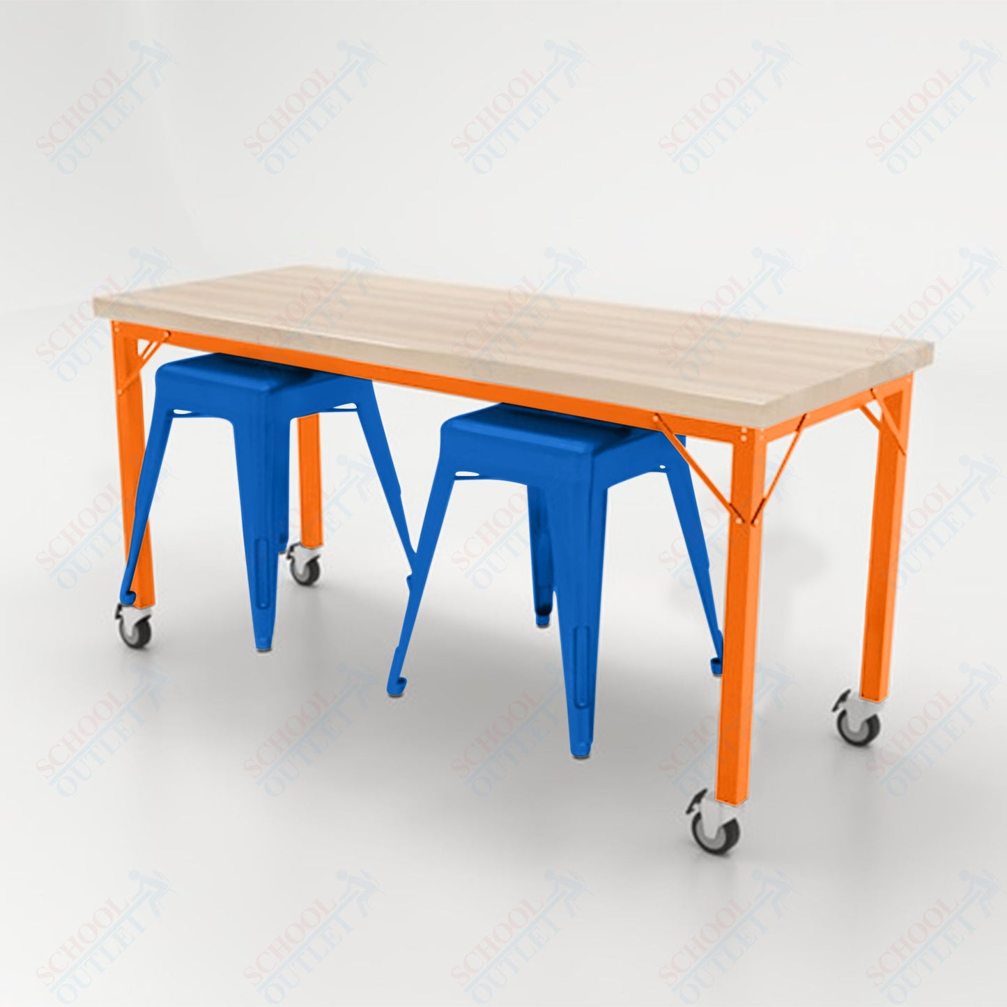 CEF Brainstorm Workbench 30"H with Butcher Block Top and Steel Frame, 2 Magnetic Metal Stools Included, for 3rd Grade and Up - SchoolOutlet