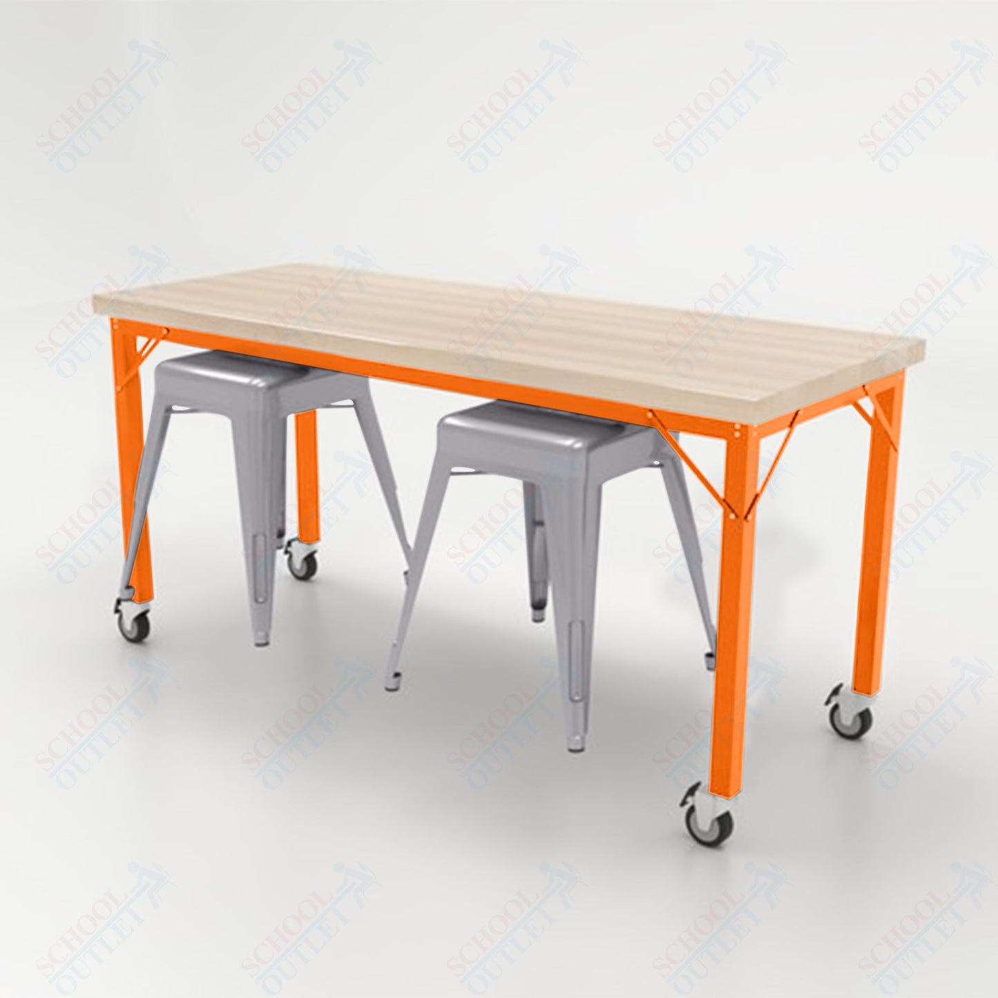 CEF Brainstorm Workbench 30"H with Butcher Block Top and Steel Frame, 2 Magnetic Metal Stools Included, for 3rd Grade and Up - SchoolOutlet