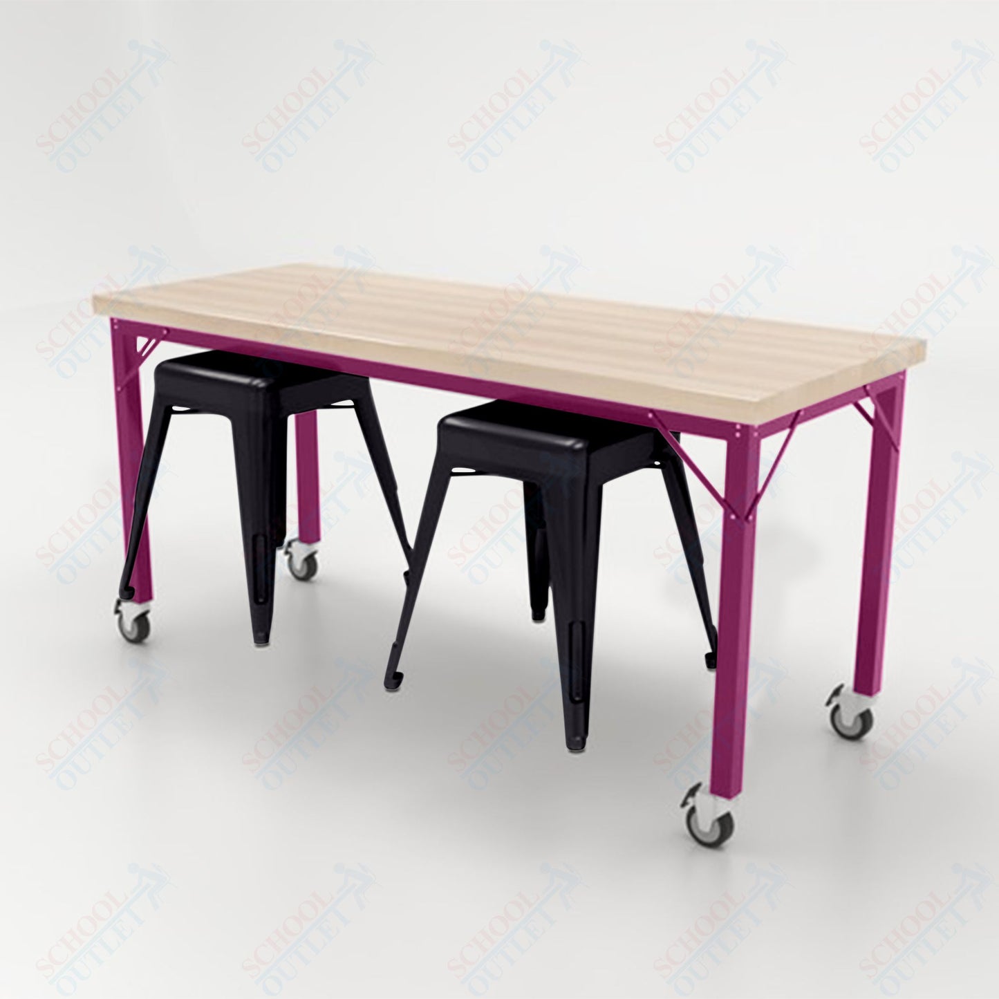 CEF Brainstorm Workbench 30"H with Butcher Block Top and Steel Frame, 2 Magnetic Metal Stools Included, for 3rd Grade and Up - SchoolOutlet