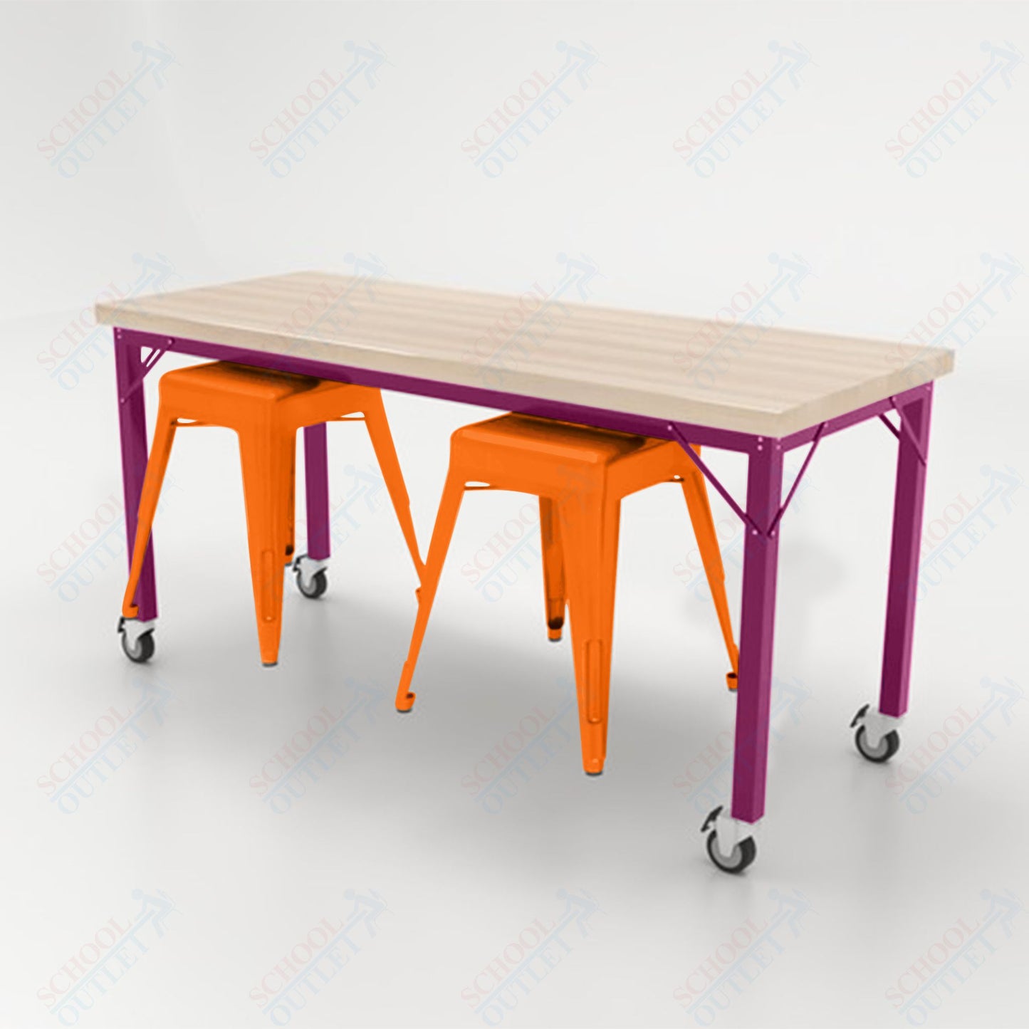 CEF Brainstorm Workbench 30"H with Butcher Block Top and Steel Frame, 2 Magnetic Metal Stools Included, for 3rd Grade and Up - SchoolOutlet
