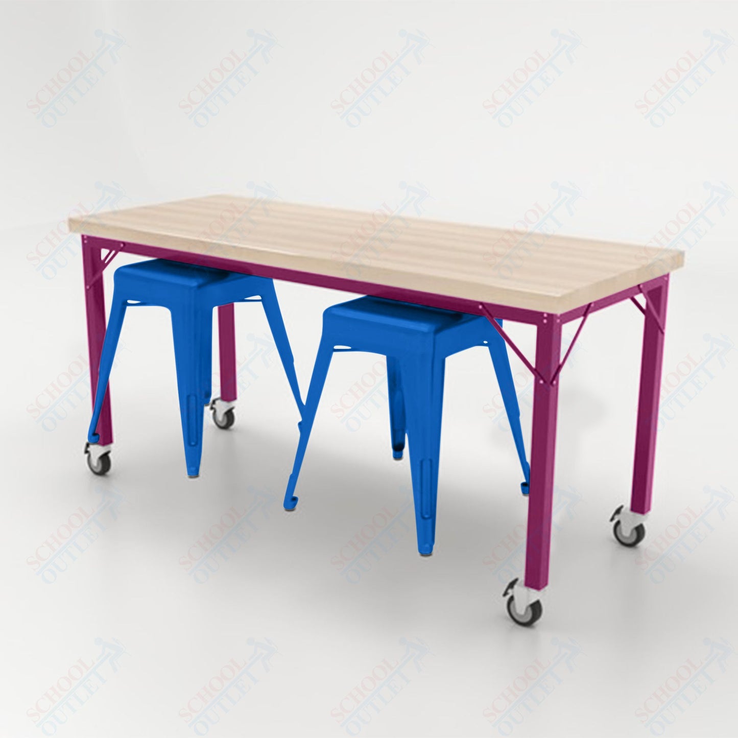 CEF Brainstorm Workbench 30"H with Butcher Block Top and Steel Frame, 2 Magnetic Metal Stools Included, for 3rd Grade and Up - SchoolOutlet