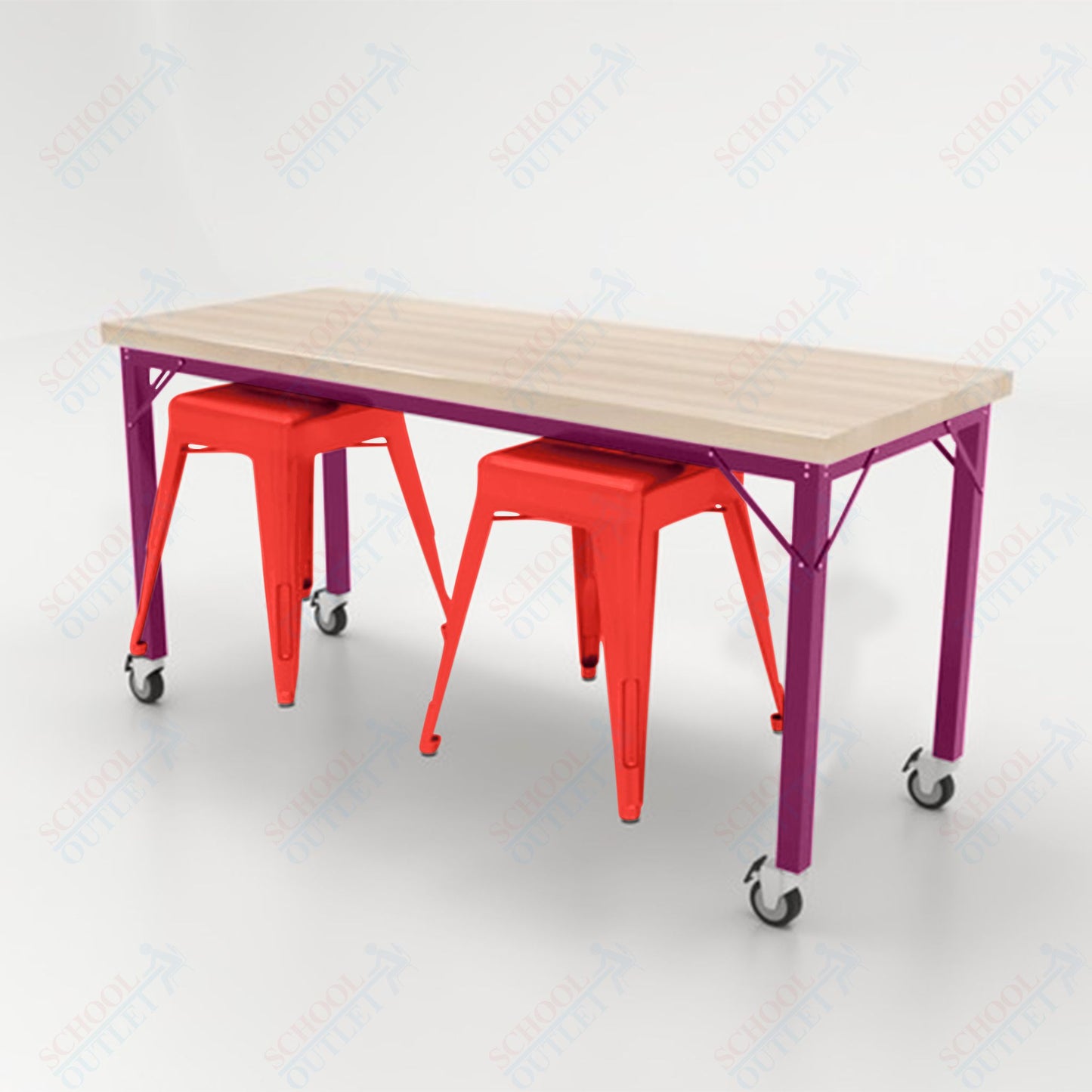 CEF Brainstorm Workbench 30"H with Butcher Block Top and Steel Frame, 2 Magnetic Metal Stools Included, for 3rd Grade and Up - SchoolOutlet