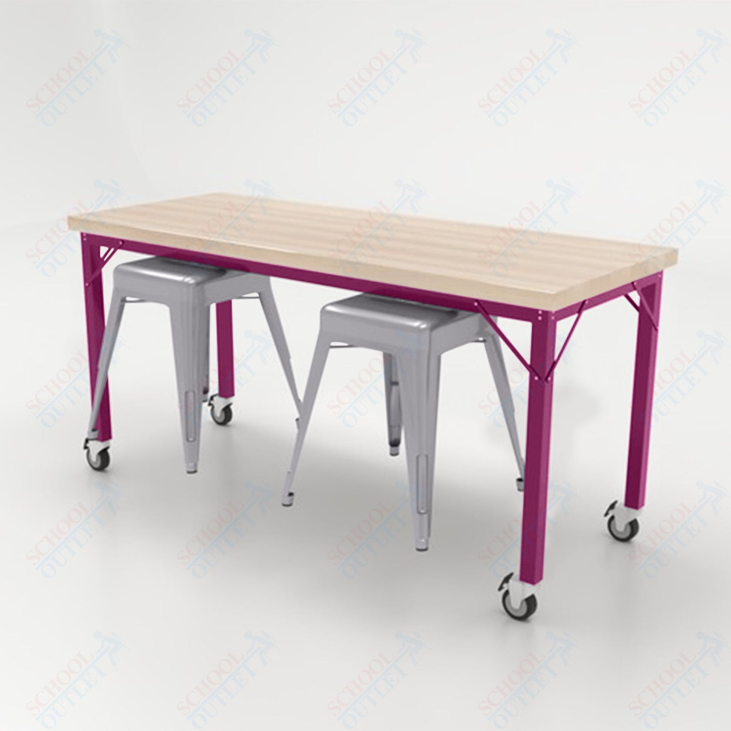 CEF Brainstorm Workbench 30"H with Butcher Block Top and Steel Frame, 2 Magnetic Metal Stools Included, for 3rd Grade and Up - SchoolOutlet
