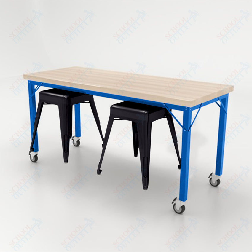 CEF Brainstorm Workbench 30"H with Butcher Block Top and Steel Frame, 2 Magnetic Metal Stools Included, for 3rd Grade and Up - SchoolOutlet