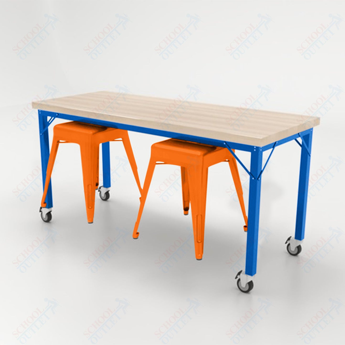 CEF Brainstorm Workbench 30"H with Butcher Block Top and Steel Frame, 2 Magnetic Metal Stools Included, for 3rd Grade and Up - SchoolOutlet