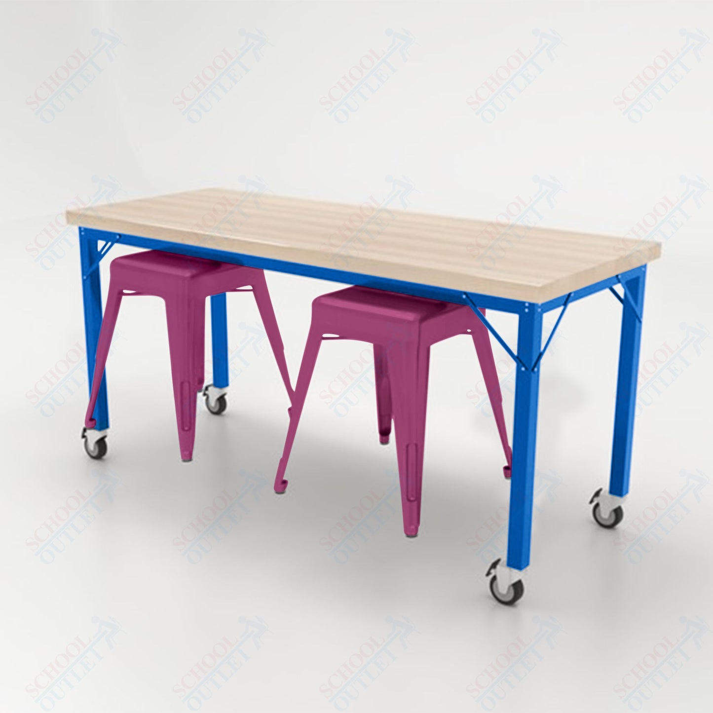 CEF Brainstorm Workbench 30"H with Butcher Block Top and Steel Frame, 2 Magnetic Metal Stools Included, for 3rd Grade and Up - SchoolOutlet