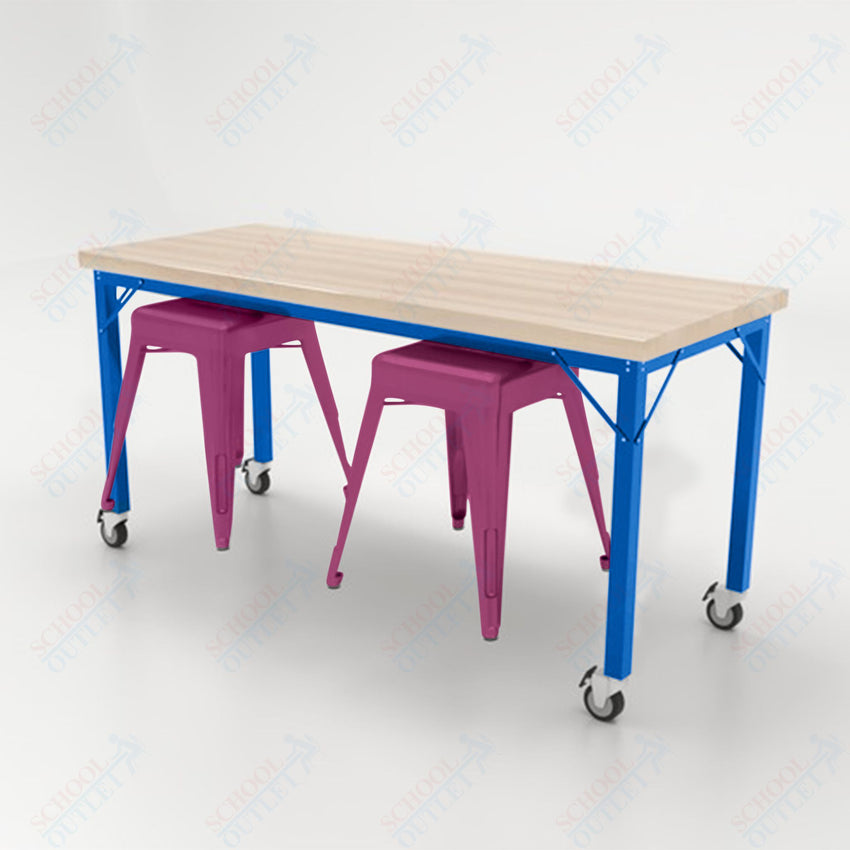 CEF Brainstorm Workbench 30"H with Butcher Block Top and Steel Frame, 2 Magnetic Metal Stools Included, for 3rd Grade and Up - SchoolOutlet