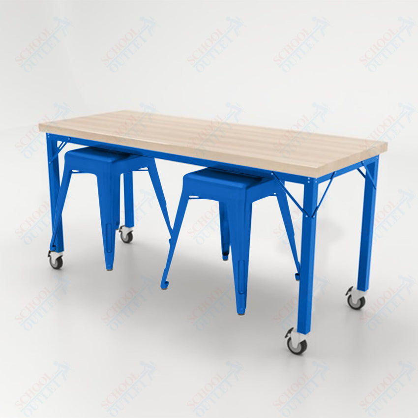 CEF Brainstorm Workbench 30"H with Butcher Block Top and Steel Frame, 2 Magnetic Metal Stools Included, for 3rd Grade and Up - SchoolOutlet