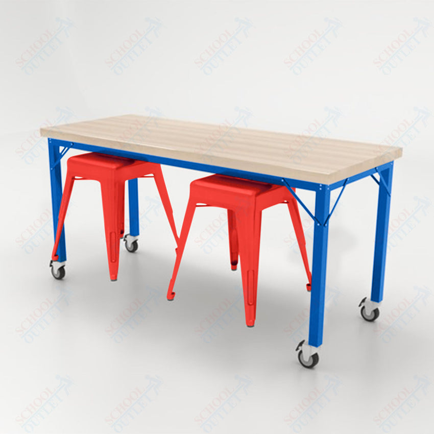 CEF Brainstorm Workbench 30"H with Butcher Block Top and Steel Frame, 2 Magnetic Metal Stools Included, for 3rd Grade and Up - SchoolOutlet