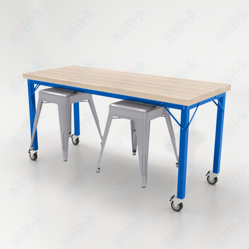 CEF Brainstorm Workbench 30"H with Butcher Block Top and Steel Frame, 2 Magnetic Metal Stools Included, for 3rd Grade and Up - SchoolOutlet