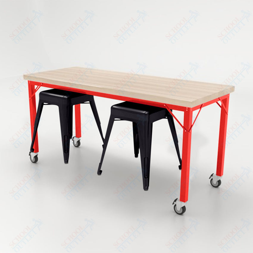 CEF Brainstorm Workbench 30"H with Butcher Block Top and Steel Frame, 2 Magnetic Metal Stools Included, for 3rd Grade and Up - SchoolOutlet