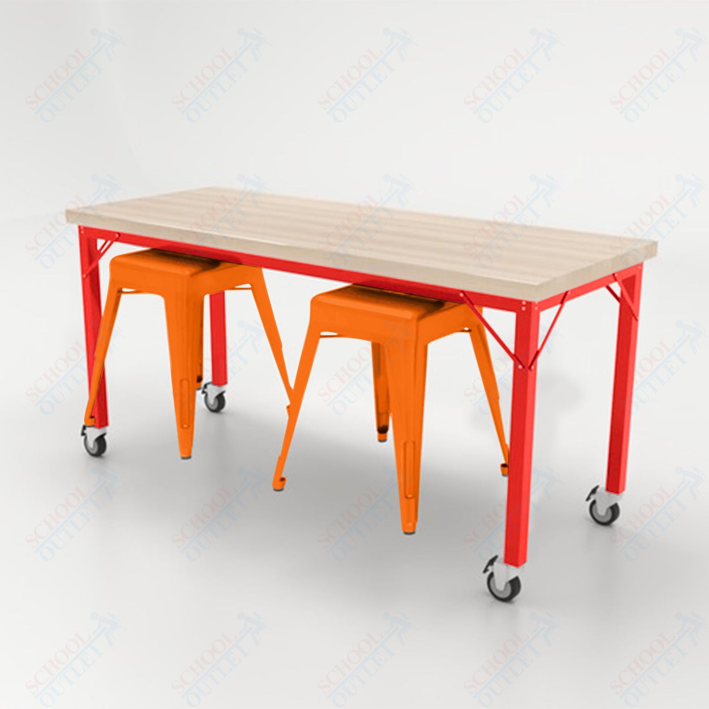 CEF Brainstorm Workbench 30"H with Butcher Block Top and Steel Frame, 2 Magnetic Metal Stools Included, for 3rd Grade and Up - SchoolOutlet