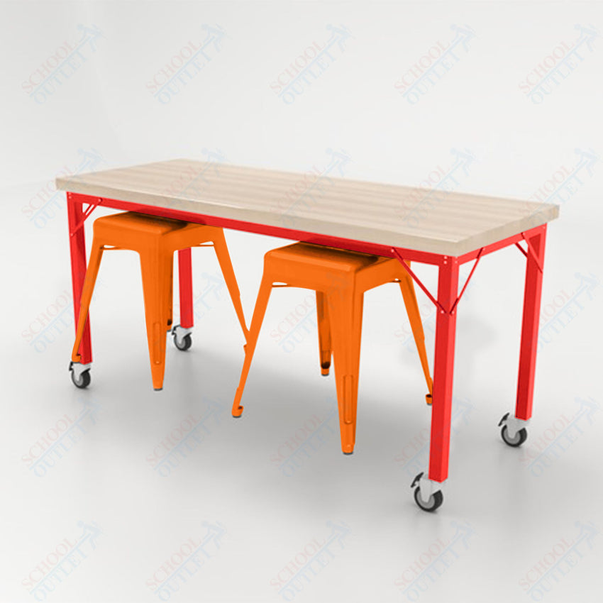 CEF Brainstorm Workbench 30"H with Butcher Block Top and Steel Frame, 2 Magnetic Metal Stools Included, for 3rd Grade and Up - SchoolOutlet