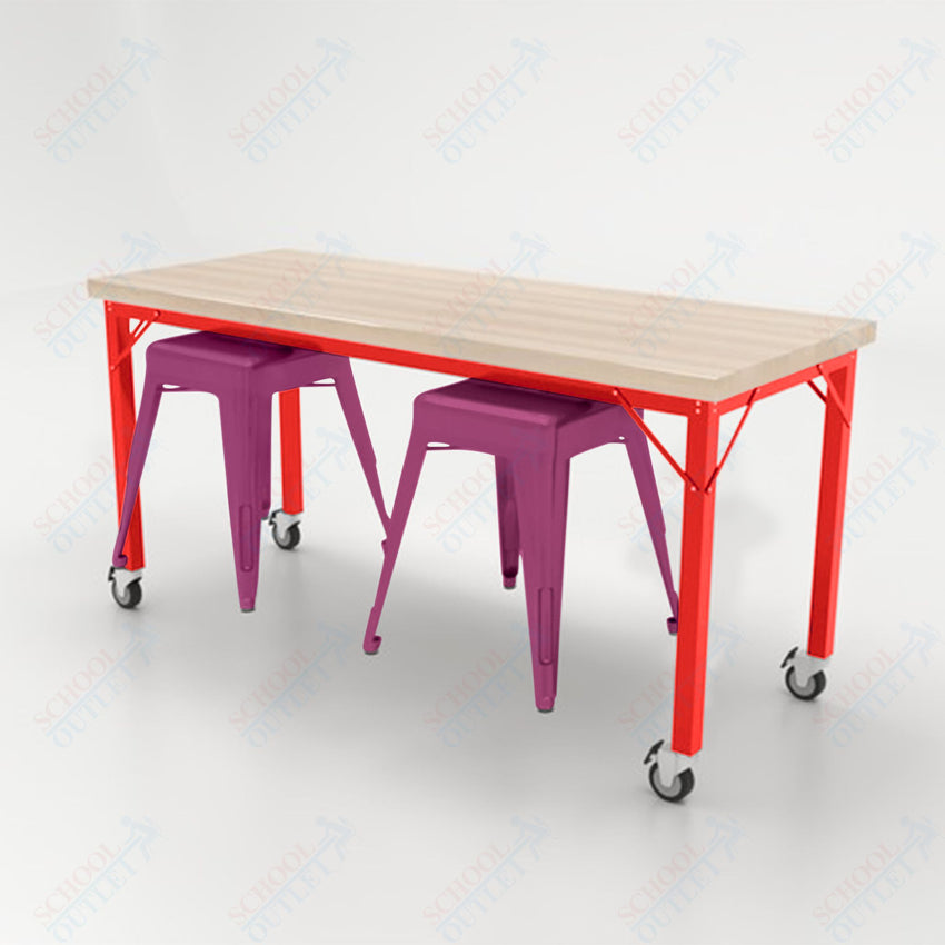 CEF Brainstorm Workbench 30"H with Butcher Block Top and Steel Frame, 2 Magnetic Metal Stools Included, for 3rd Grade and Up - SchoolOutlet