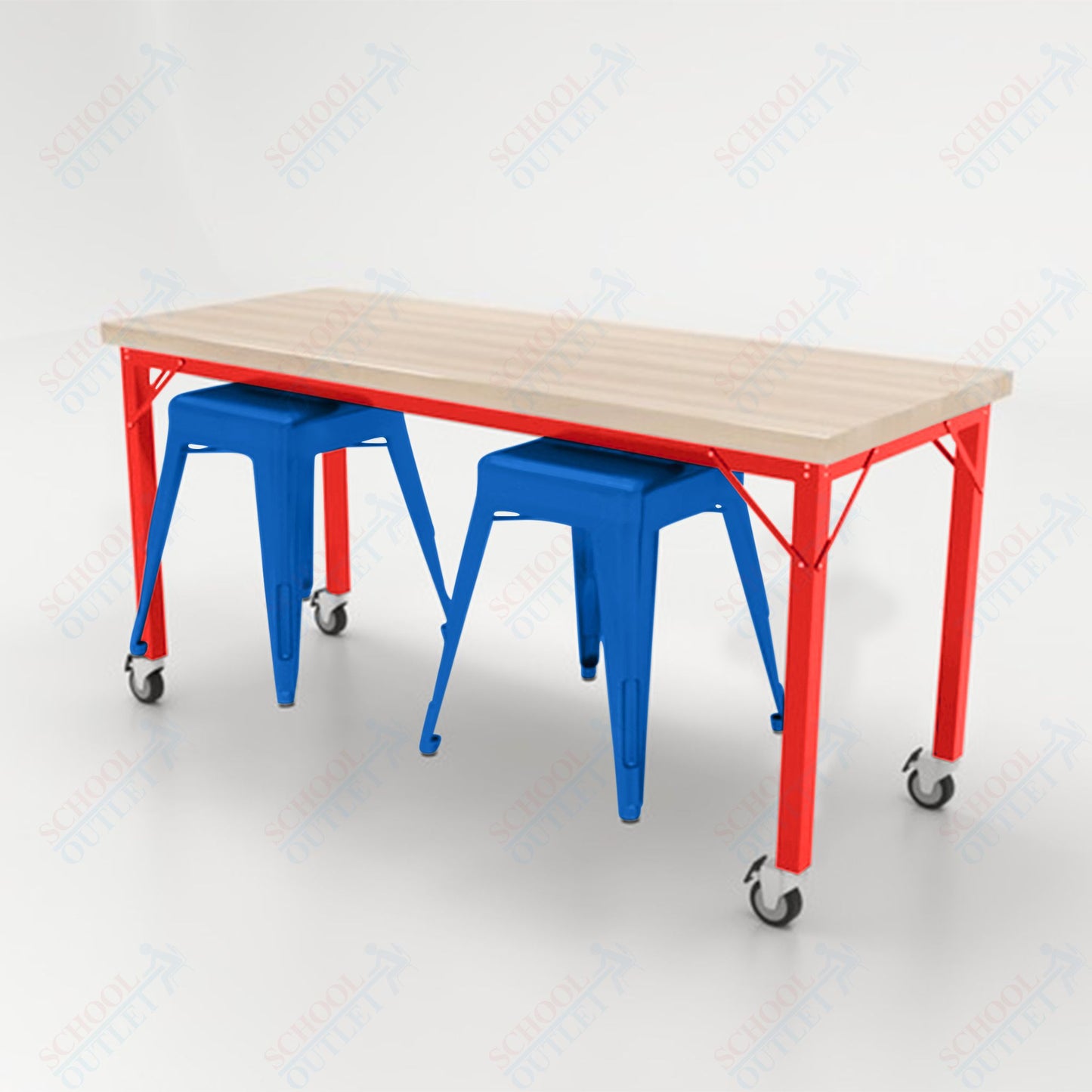 CEF Brainstorm Workbench 30"H with Butcher Block Top and Steel Frame, 2 Magnetic Metal Stools Included, for 3rd Grade and Up - SchoolOutlet