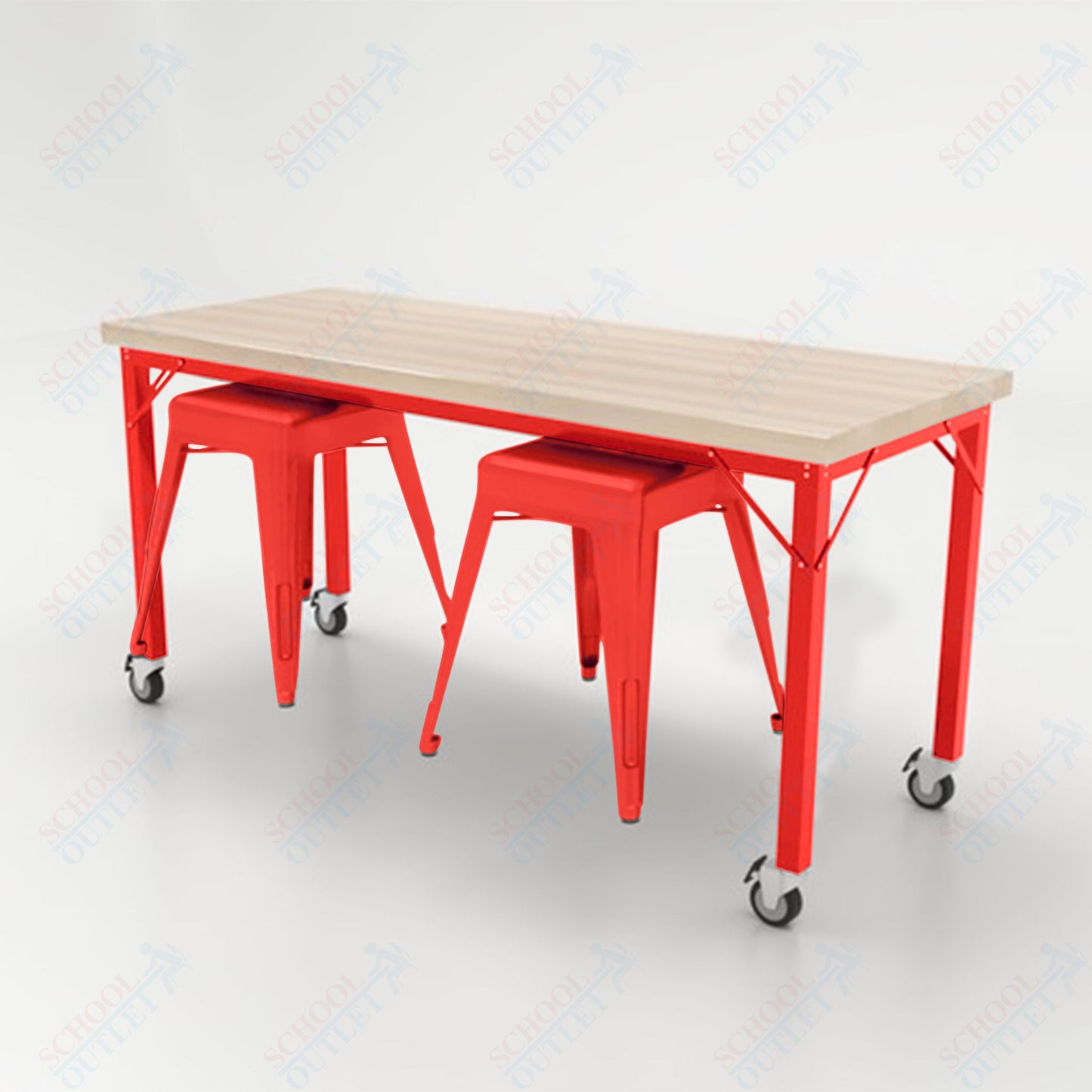 CEF Brainstorm Workbench 30"H with Butcher Block Top and Steel Frame, 2 Magnetic Metal Stools Included, for 3rd Grade and Up - SchoolOutlet