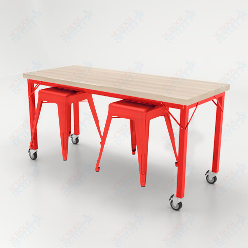 CEF Brainstorm Workbench 30"H with Butcher Block Top and Steel Frame, 2 Magnetic Metal Stools Included, for 3rd Grade and Up - SchoolOutlet